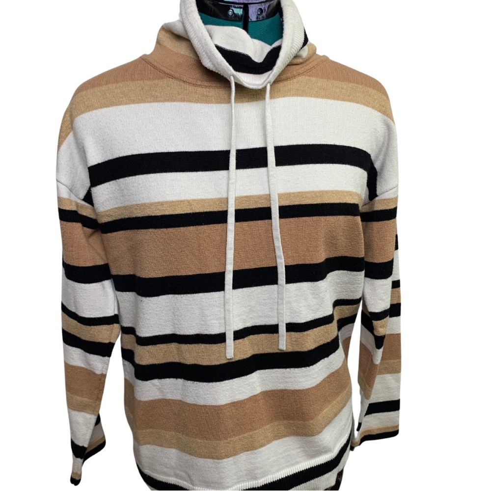 LIZ CLAIBORNE TIE Turtleneck sweater stripe long sleeve tan beige white black S